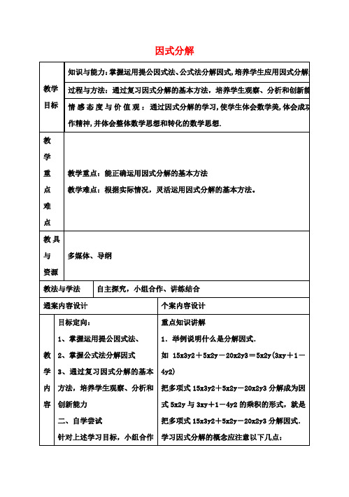 八年级数学上册1.1因式分解复习教案1鲁教版五四制