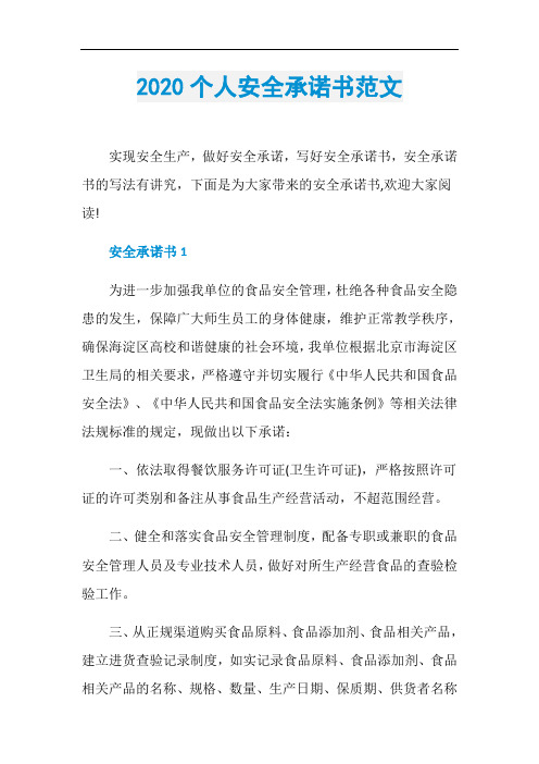 2020个人安全承诺书范文