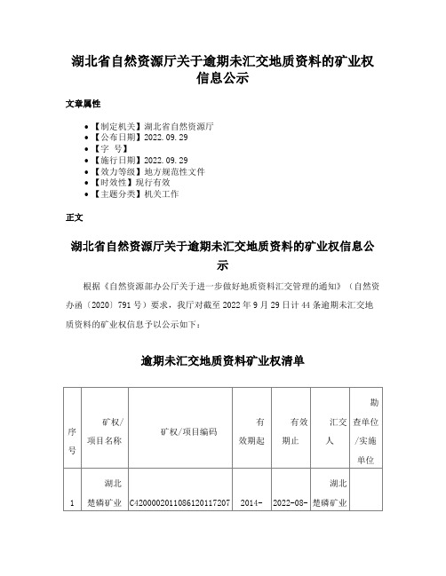 湖北省自然资源厅关于逾期未汇交地质资料的矿业权信息公示