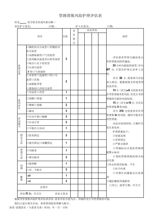 管路滑脱风险护理评估表