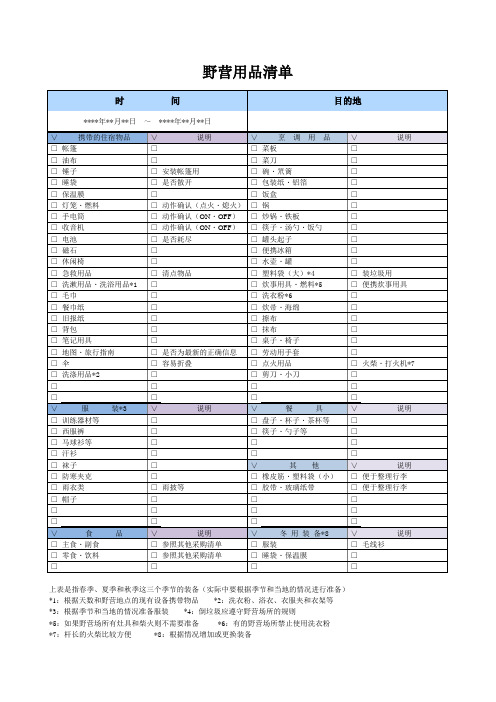 野营野炊用品清单EXCEL模板