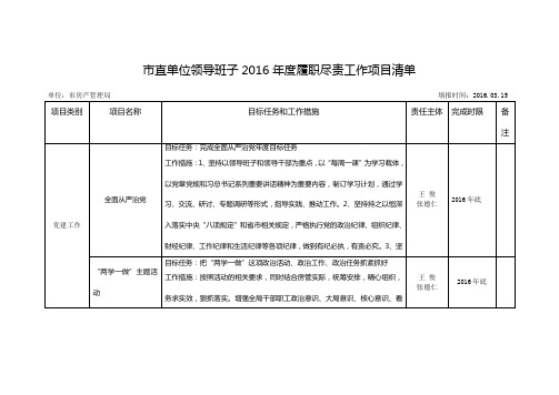 直单位领导班子2016履职尽责工作项目清单