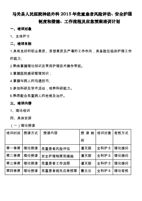 危重患者风险评估、安全护理制度和措施、工作流程及应急预案2015年培训计划