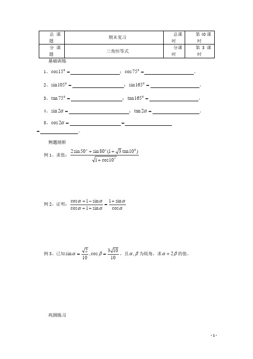 江苏省南京市溧水县高中数学 第40课时《期末复习三》教学案 苏教版必修4