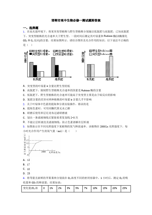 邯郸市高中生物必修一测试题附答案