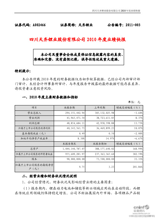 天齐锂业：2010年度业绩快报 2011-02-24