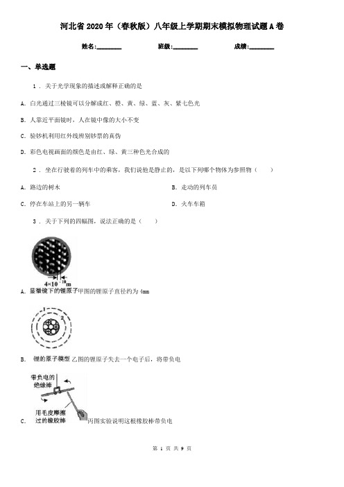 河北省2020年(春秋版)八年级上学期期末模拟物理试题A卷