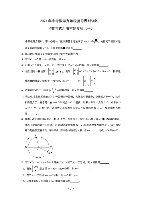 2021年中考数学九年级复习课时训练：《数与式》填空题专项(一)(解析版)