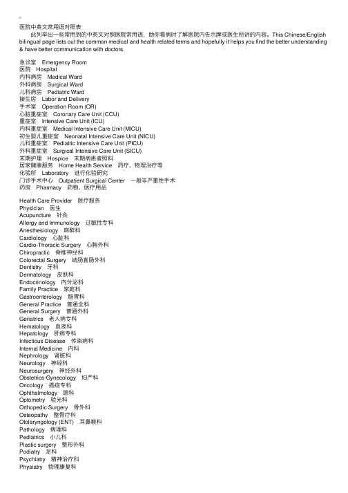 医院中英文常用语对照表-医务英语