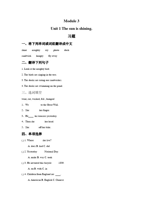 外研版六年级英语下册Module 3 Unit 1 The sun is shining. 习题.doc