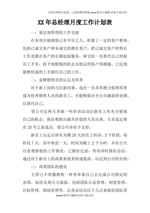 XX年总经理月度工作计划表