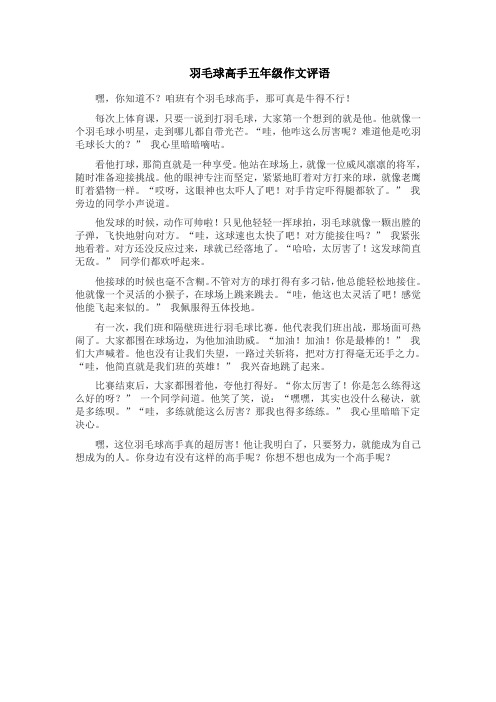 羽毛球高手五年级作文评语