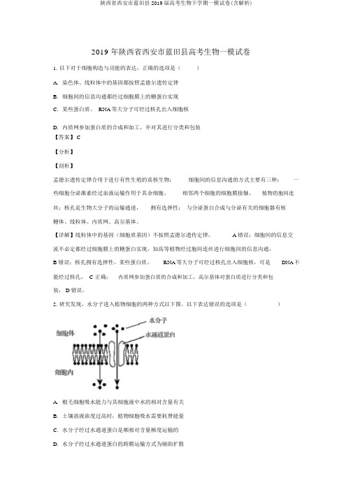 陕西省西安市蓝田县2019届高考生物下学期一模试卷(含解析)