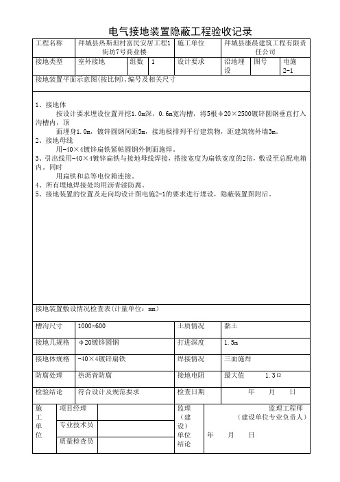 电气接地装置隐蔽工程验收记录