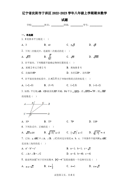 辽宁省沈阳市于洪区2022-2023学年八年级上学期期末数学试题