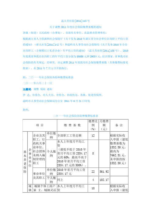 浙江温岭2011年度社会保险缴费基数的通知