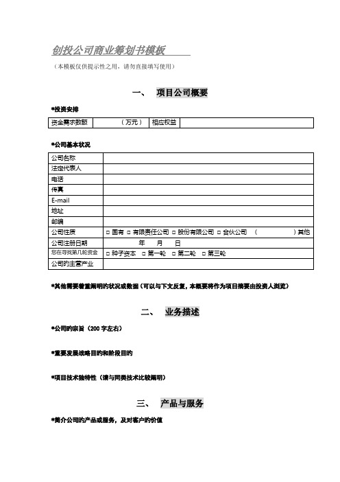 创投企业商业综合计划书模板