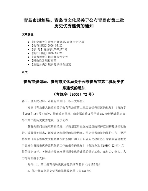 青岛市规划局、青岛市文化局关于公布青岛市第二批历史优秀建筑的通知