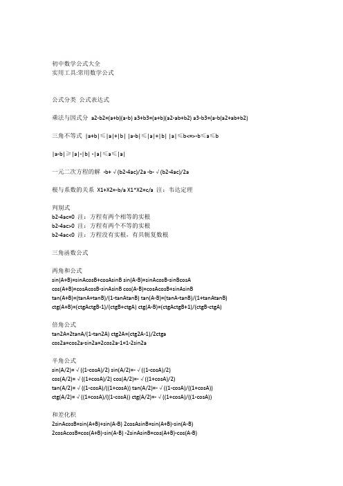 初中数学很详细的公式大全以及常用的定理总结