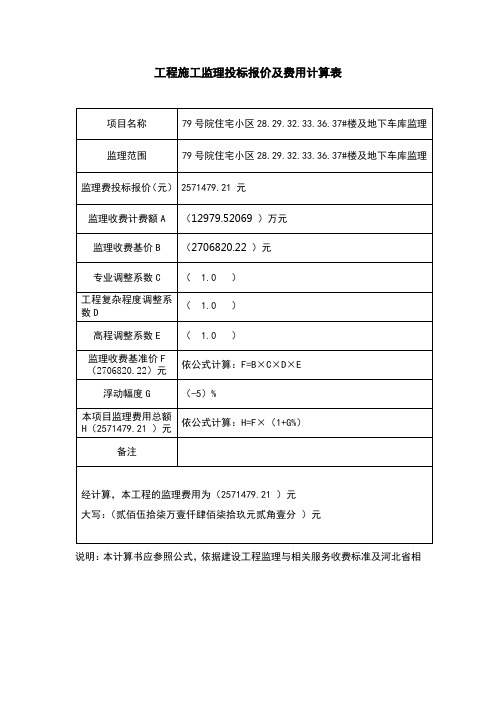 工程施工监理投标报价及费用计算表