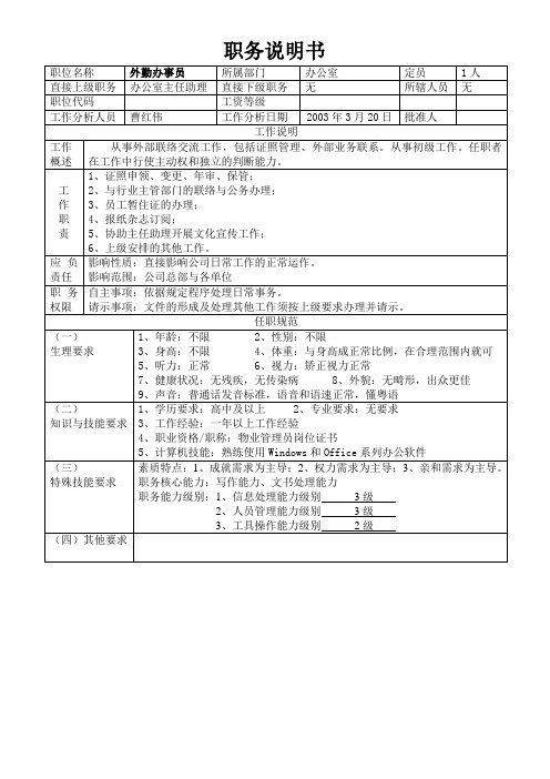 某物业集团公司外勤办事员职务说明书(WORD1页)