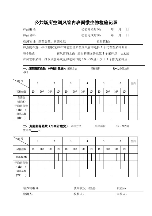 公共场所空调风管内表面微生物检验记录