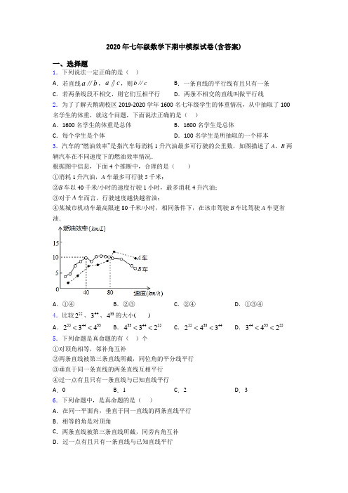 2020年七年级数学下期中模拟试卷(含答案)