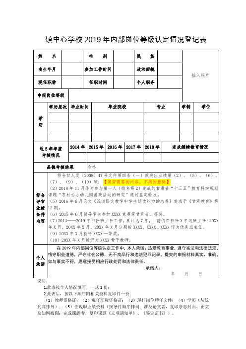 某某镇中心校2019年内部岗位等级认定情况登记