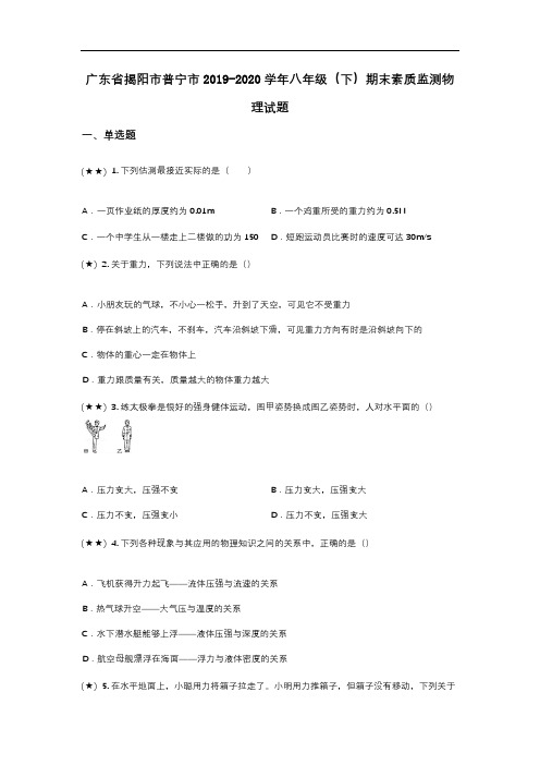 广东省揭阳市普宁市2019-2020学年八年级(下)期末素质监测物理试题(word无答案)