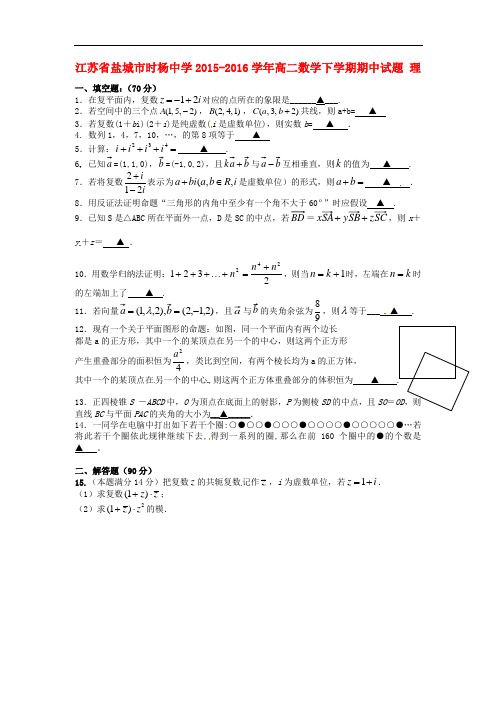 江苏省盐城市时杨中学高二数学下学期期中试题 理