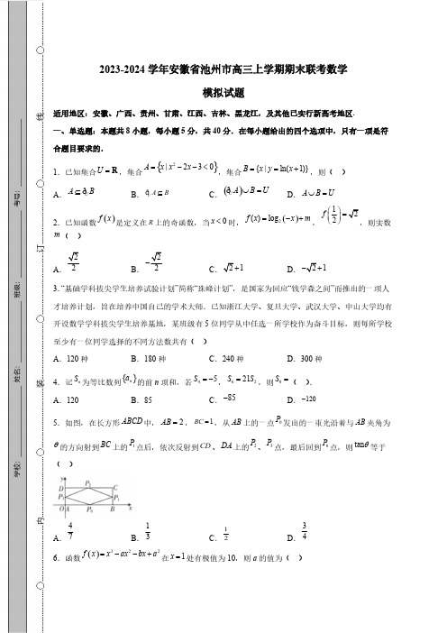 2023-2024学年安徽省池州市高三上学期期末联考数学模拟试题(含解析)