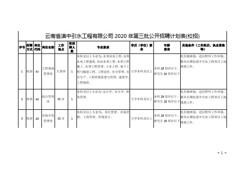 云南省滇中引水工程有限公司2020年第三批公开招聘计划表【模板】