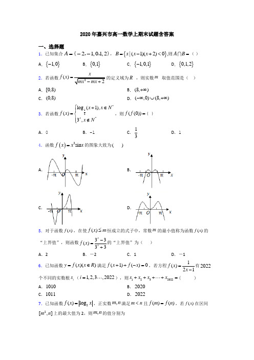 2020年嘉兴市高一数学上期末试题含答案