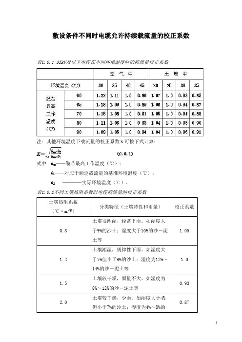 敷设条件不同时电缆允许持续载流量的校正系数