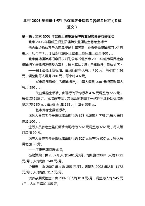 北京2008年最低工资生活保障失业保险金养老金标准（5篇范文）