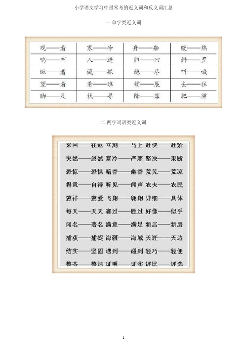 小学生常考近反义词汇总