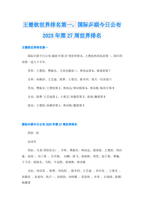 王楚钦世界排名第一,国际乒联今日公布2023年第27周世界排名