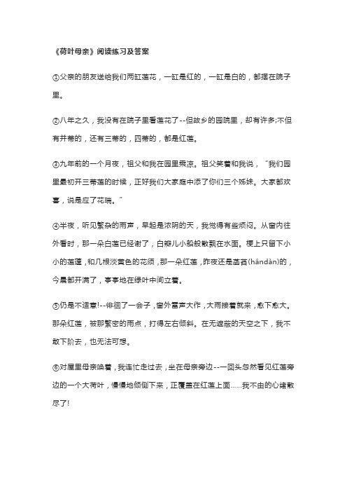 荷叶母亲阅读练习及答案