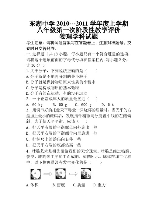 东湖中学上学期九年级第一次月考物理试题及参考答案