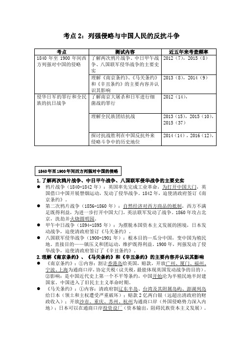 2018年高考历史高频考点复习讲义——考点2:列强侵略与中国人民的反抗斗争