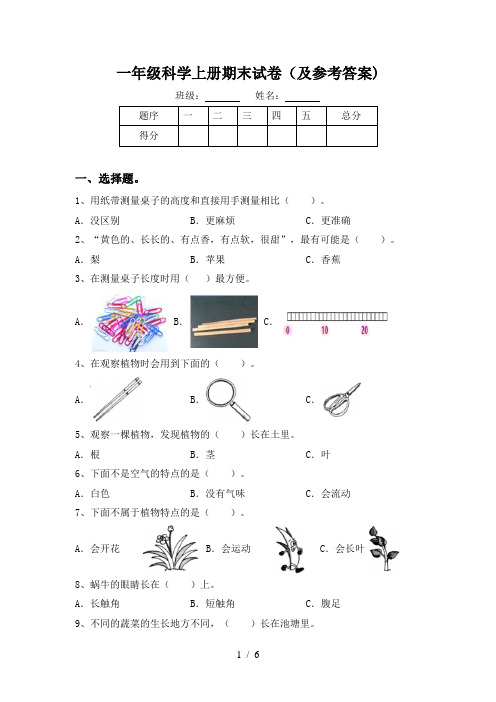 一年级科学上册期末试卷(及参考答案)