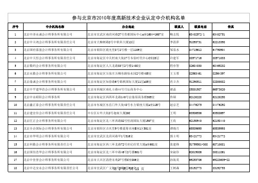 参与北京市2010年度高新技术企业认定中介机构名单