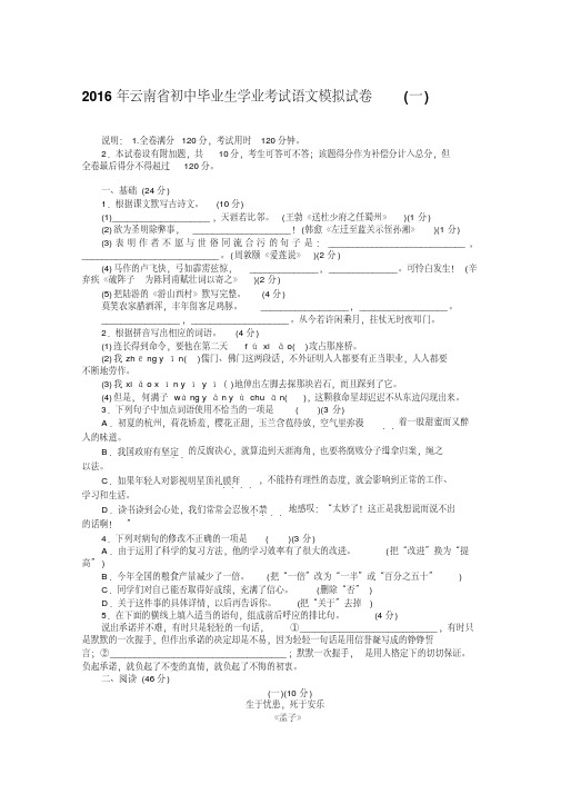 2016年云南省中考语文模拟试卷