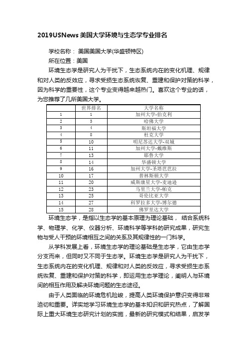 2019USNews美国大学环境与生态学专业排名