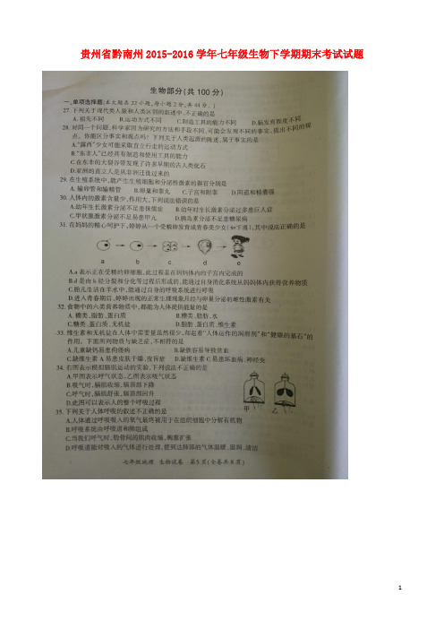 贵州省黔南州2015_2016学年七年级生物下学期期末考试试题(扫描版)新人教版