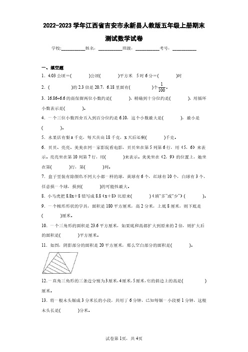 2022-2023学年江西省吉安市永新县人教版五年级上册期末测试数学试卷(含答案解析)