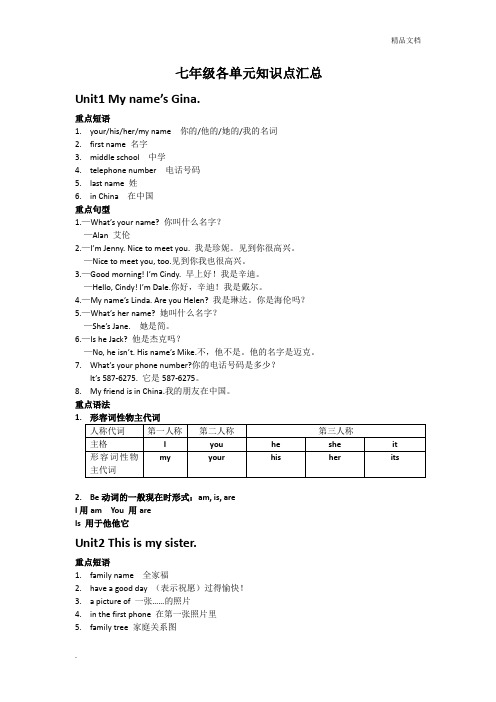 人教版英语七年级上册所有单元知识点总结