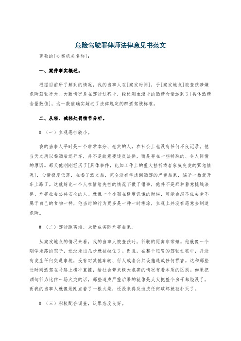 危险驾驶罪律师法律意见书范文