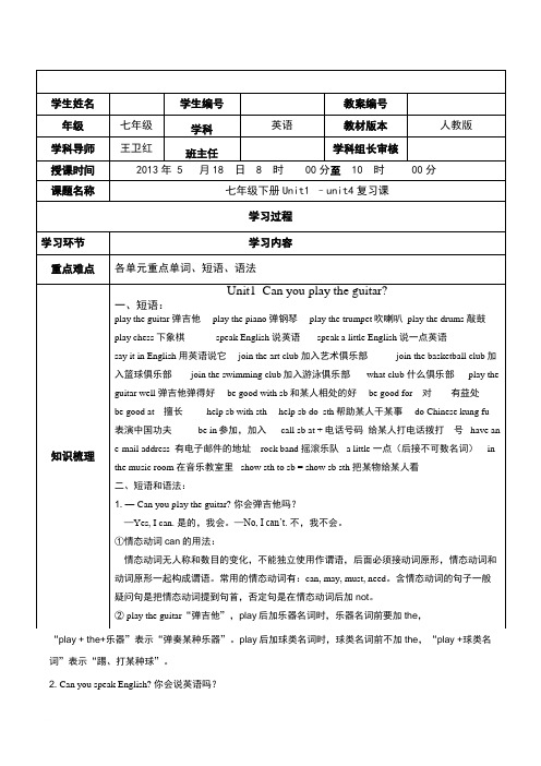 人教版七年级下册英语1-4单元知识点总结和练习题