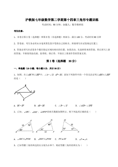 2022年最新沪教版七年级数学第二学期第十四章三角形专题训练试卷(精选)